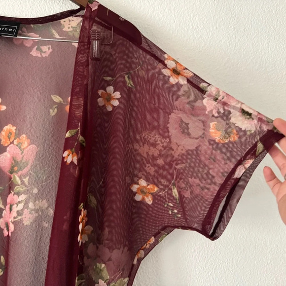 Mesh Kimono Floral Knit Wine Rose Relaxed Sheer Boho Size Large Polly & Esther - Picture 10 of 12